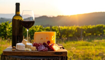 A wooden cutting board laden with assorted cheeses, cured meats, and grapes, accompanied by a glass of red wine and a bottle, all set against a backdrop of vineyards bathed in the golden light of a...