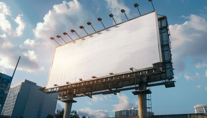 blank billboard on the street,Mock up image: wide blank white billboard or large display and clouds against sunset warm sky. Consumerism, mock up, advertising, isolated white screen, background