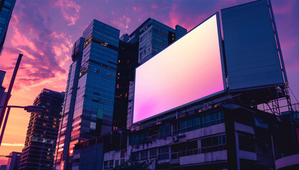 blank billboard on the street,Mock up image: wide blank white billboard or large display and clouds against sunset warm sky. Consumerism, mock up, advertising, isolated white screen, background