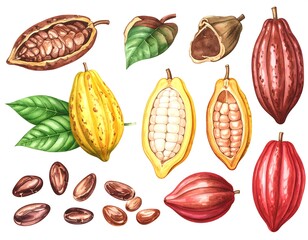 Watercolor illustration of cocoa pods, beans, and leaves.  Detailed botanical elements