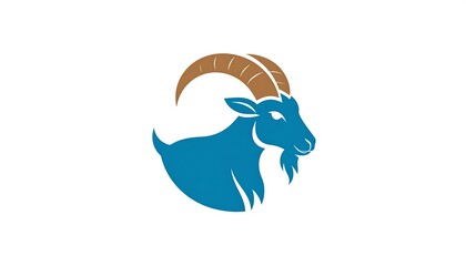 A stylized illustration of a goat's head and horns, presented in a simple, circular design, featuring rich blue and brown hues.