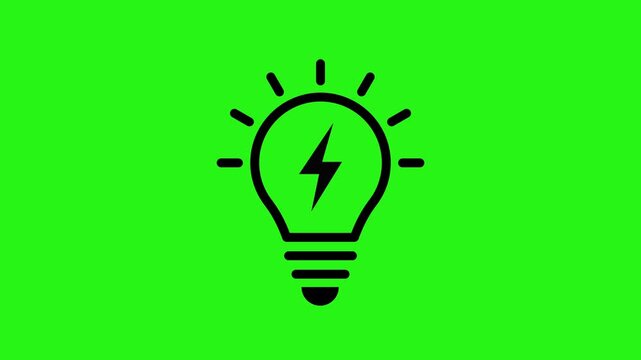 Animated black light bulb icon with a blinking flash symbol representing a creative idea on a green screen background