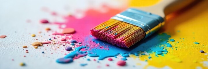 Fototapeta premium A close-up shot of a paintbrush, splattered with colorful paint, resting on a household cleaning product, suggesting the creative side of chores , cleaning equipment, spring cleaning, home decor
