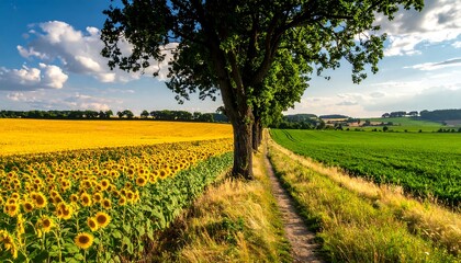 A sun-drenched rural landscape, showcasing a path winding through vibrant sunflower fields and a verdant field, under a vast, partly cloudy sky.