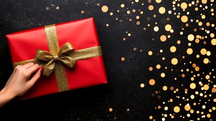 Hands tying bow festive red gift cinematic cozy tones surrounded by light bokeh captured with 24mm f1.4 lens wide composition