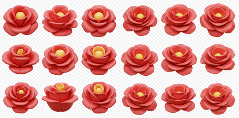 Multiple rows of stylized red rose blossoms with yellow centers on a transparent background.