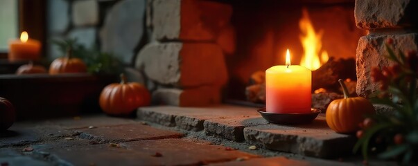 A cozy hearth candle burning brightly, casting a warm glow on a rustic stone fireplace Perfect for autumn, winter, or any season needing a touch of homey comfort , fragrance, fireplace, rustic