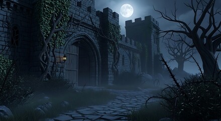 A foreboding medieval castle stands silently under a full moon, shrouded in a misty night.