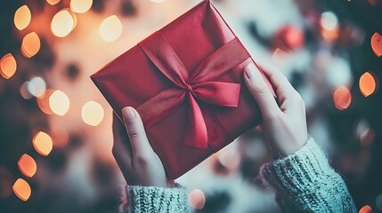 Cinematic close-up hands tying ribbon red gift surrounded warm lights shot with 35mm f1.8 lens cozy tones