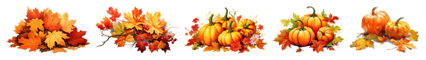 Fototapeta premium PNG Autumn leaves and pumpkins decoration, element set on transparent background