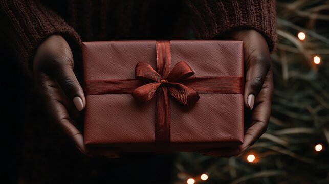 Cinematic close-up hands tying ribbon red gift surrounded warm lights shot with 35mm f1.8 lens cozy tones