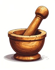 A detailed illustration of a wooden mortar and pestle, showcasing its aged, warm tones and classic design.