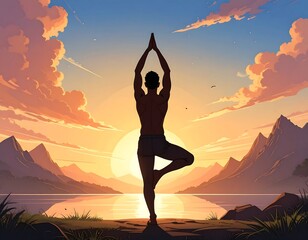 A serene figure in yoga pose, silhouetted against a breathtaking sunrise over a tranquil lake and mountains.