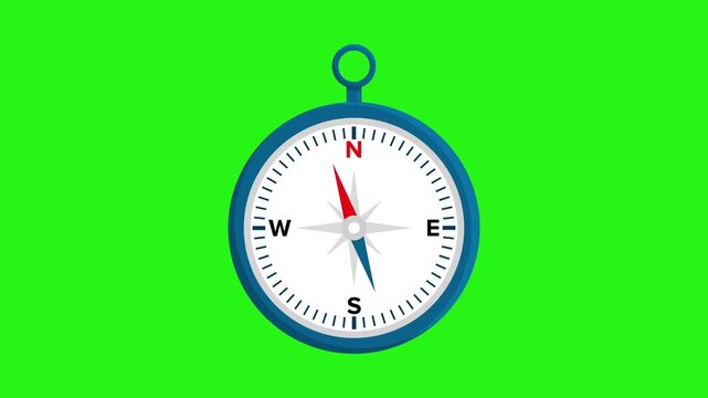 Compass symbol animation with spinning needle on chroma key green screen in 4K
