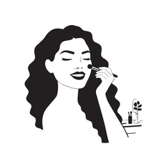 Black and white line art of a beautiful woman doing makeup at dressing table with mirror illustration