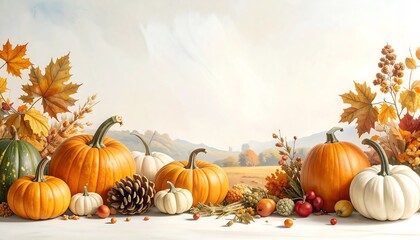 A still life arrangement of pumpkins, gourds, and fall foliage against a soft, autumnal backdrop.