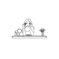 Black and white line art of a beautiful woman doing makeup at dressing table with mirror illustration