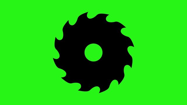 Rotating circular saw blade black icon animation on green screen background