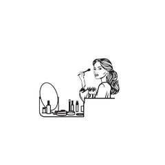 Black and white line art of a beautiful woman doing makeup at dressing table with mirror illustration