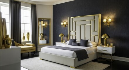 Luxurious Master Bedroom Interior with Gold Accents, Upholstered Headboard, Dark Textured Wall, and Elegant Furnishings