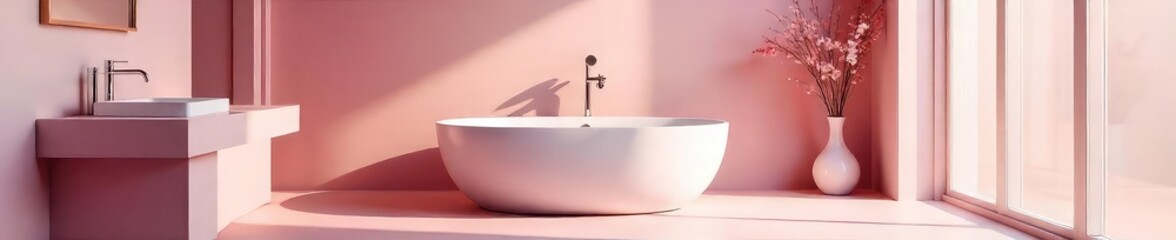 A serene pink bathroom with a freestanding tub, stylish fixtures, and soft natural light Perfect for relaxation and spa-like atmosphere , candles, blush pink
