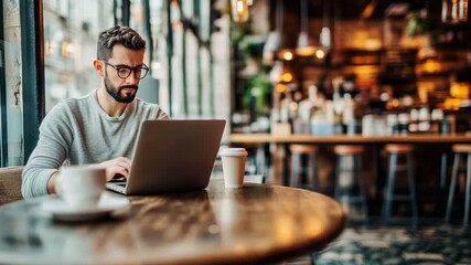 Man working on laptop in a cozy caf? setting
