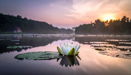 Serene sunrise over tranquil water, featuring a delicate white water lily.