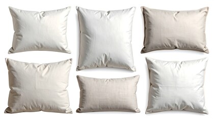 A collection of various sized and neutral-toned cushions displayed against a white background.