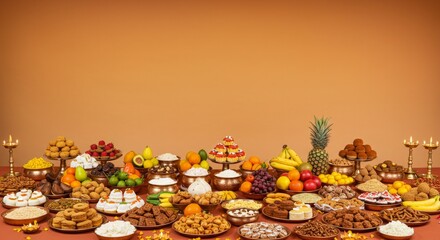 Annakut festival banner background, temple feast offerings on colorful gradient