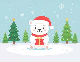Kawaii Polar Bear with Santa Hat Holding Gift Box in Snowy Christmas Forest