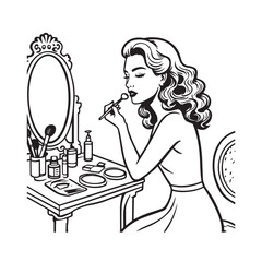 Obraz premium Black and white line art of a beautiful woman doing makeup at dressing table with mirror illustration