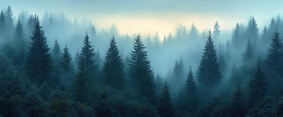 Obraz premium Dense pine forest covered in thick mist with soft morning light creating a calm and mysterious atmosphere