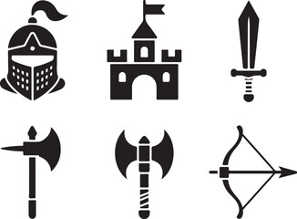 Medieval icons knight castle sword axe bow arrow