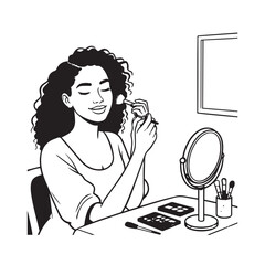 Black and white line art of a beautiful woman doing makeup at dressing table with mirror illustration
