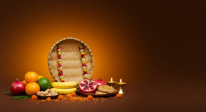Chhath Puja Bamboo Basket banner background, fruits and thekua on rustic gradient 