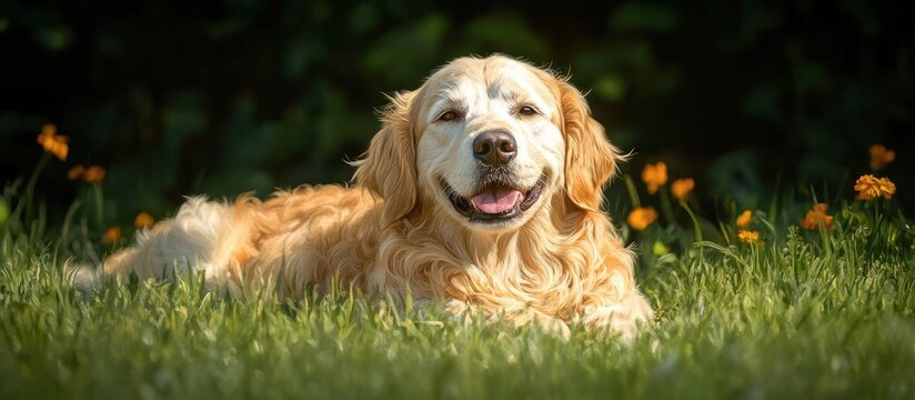 happy golden retriever dog lying on grass with orange flowers in bright sunlight - Powered by Adobe