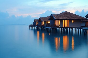 Fototapeta premium Row of cozy overwater bungalows with warm glowing lights reflecting on calm blue water at dusk under a soft cloudy sky