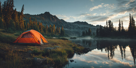 Vibrant orange tent is set up near tranquil lake surrounded by lush pine trees and majestic mountains under serene sky, creating peaceful outdoor camping scene