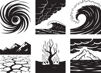 Naklejka premium Natural disaster icons: storm, wave, drought, fire, mountain