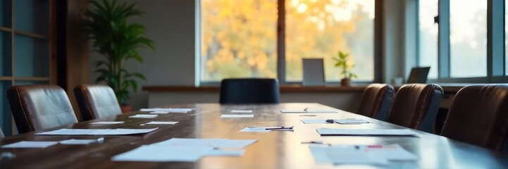 A single, empty chair sits at a conference table, papers scattered, suggesting a missed meeting or a failure to participate , challenge, regret, scattered papers