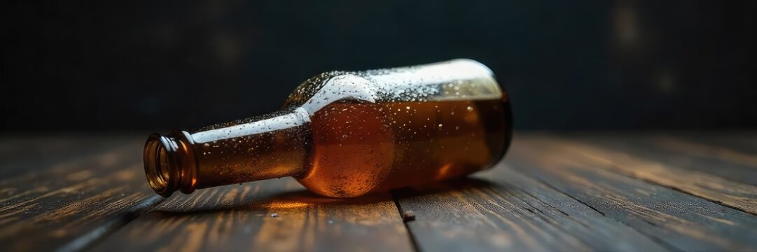 A single, empty beer bottle lies on its side, suggesting the aftermath of alcohol consumption, a stark visual representation of alcoholism , alcoholism awareness, loneliness - Powered by Adobe