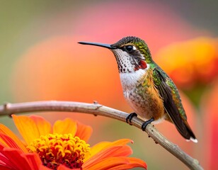 A vibrant hummingbird, showcasing its colorful plumage, perches gracefully on a slender branch amidst a cluster of bright orange flowers.