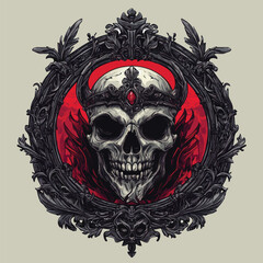 Demonic Skull Head with Horns and Frame Dark Horror Illustration Vector Art	