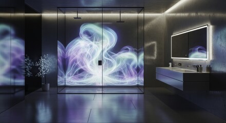 Modern Luxury Bathroom with Futuristic Glass Shower featuring Abstract Light Art, Sleek Floating Vanity, and Illuminated Mirror in a Contemporary Interior