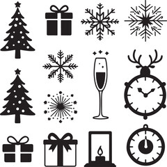 "Enchanting Winter Wonderland Icon Set in Crisp Black & White for Festive Design Projects"