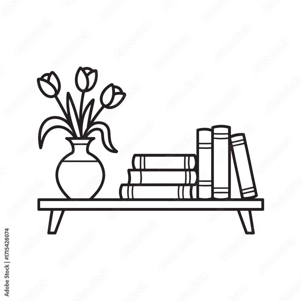 Poster monochrome line art depicting a bookshelf with books and vase with flowers a simple yet elegant comp