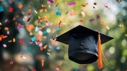 Graduation cap with orange tassel and colorful confetti falling in a blurred background outdoors