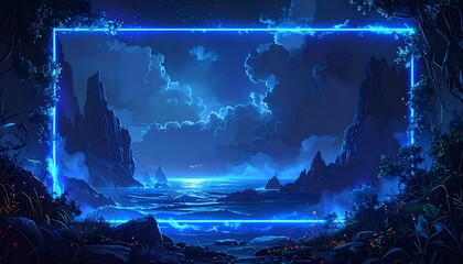 A vibrant night landscape framed by glowing blue light, showcasing majestic mountains, a serene ocean, and a mystical atmosphere.