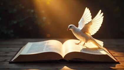 White Dove Descending on Open Bible Symbol of Hope, Peace, and Faith for Easter and Religious Themes