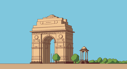 Obraz premium India Gate Illustration Depicting Iconic Landmark and Symbol of New Delhi, Suitable for Travel Brochures and Cultural Heritage Projects